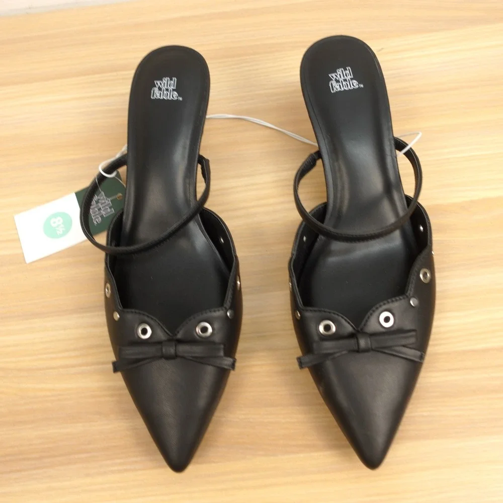 Y2K Coquette Mule Pumps Womens 8.5 Black Eyelet Kitten Heel Pointed WILD FABLE